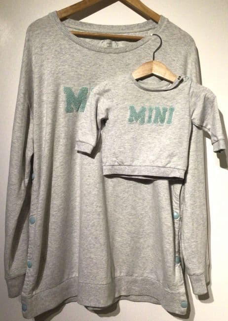 SERAPHINE GREY NURSING MAMA SWEATER SIZE M 12/14 + TWINNING BABY TOP AGE 0-6m