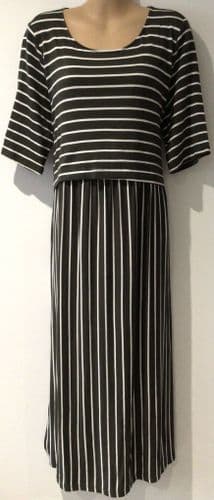 SERAPHINE KHAKI JERSEY STRIPE NURSING MIDI DRESS SIZE M 12/14