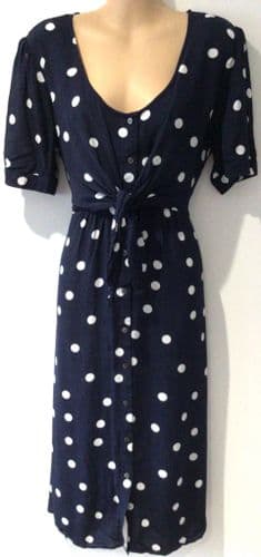 SERAPHINE NAVY SPOTTY TIE FRONT MIDI DRESS SIZE 18
