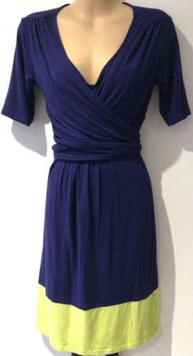 SERAPHINE NAVY YELLOW BORDER WRAP JERSEY NURSING DRESS SIZE 8