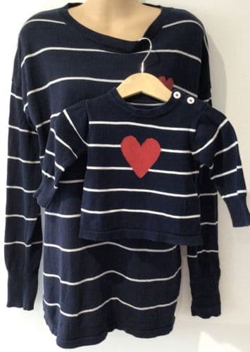 SERAPHINE TWINNING SET NAVY HEART NURSING JUMPER M 12-16 + BABY 3-6m