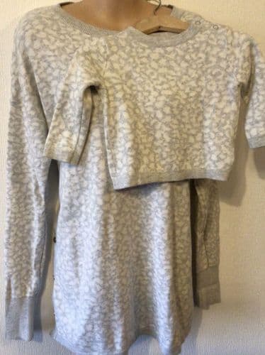 SERAPHINE TWINNING SET PALE GREY LEOPARD NURSING JUMPER XS 6-10 + BABY 3-6m