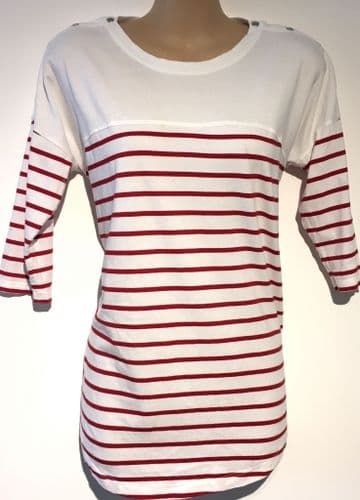 SERAPHINE WHITE RED STRIPED POPPER SHOULDER TOP SIZE 12