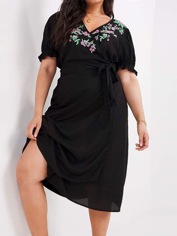 black embroidered wrap dress Embroidered Tiered Wrap Dress in Linen Blend Black