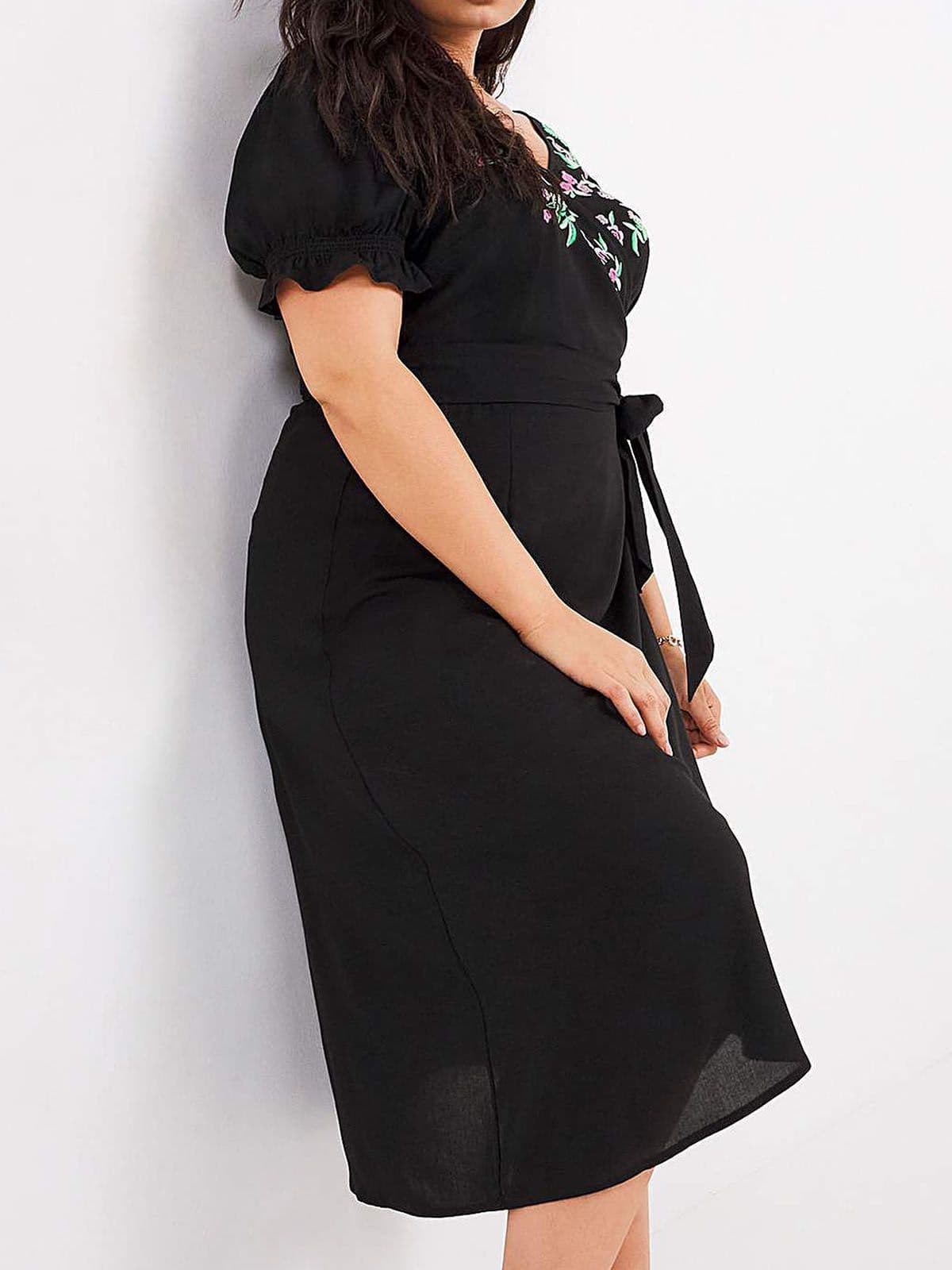 black embroidered wrap dress Zarina Embroidered Midi Wrap Dress - Black | Disturbia main image 1