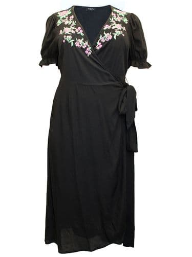 SIMPLY BE BLACK EMBROIDERED WRAP MIDI DRESS NEW SIZES 12-22