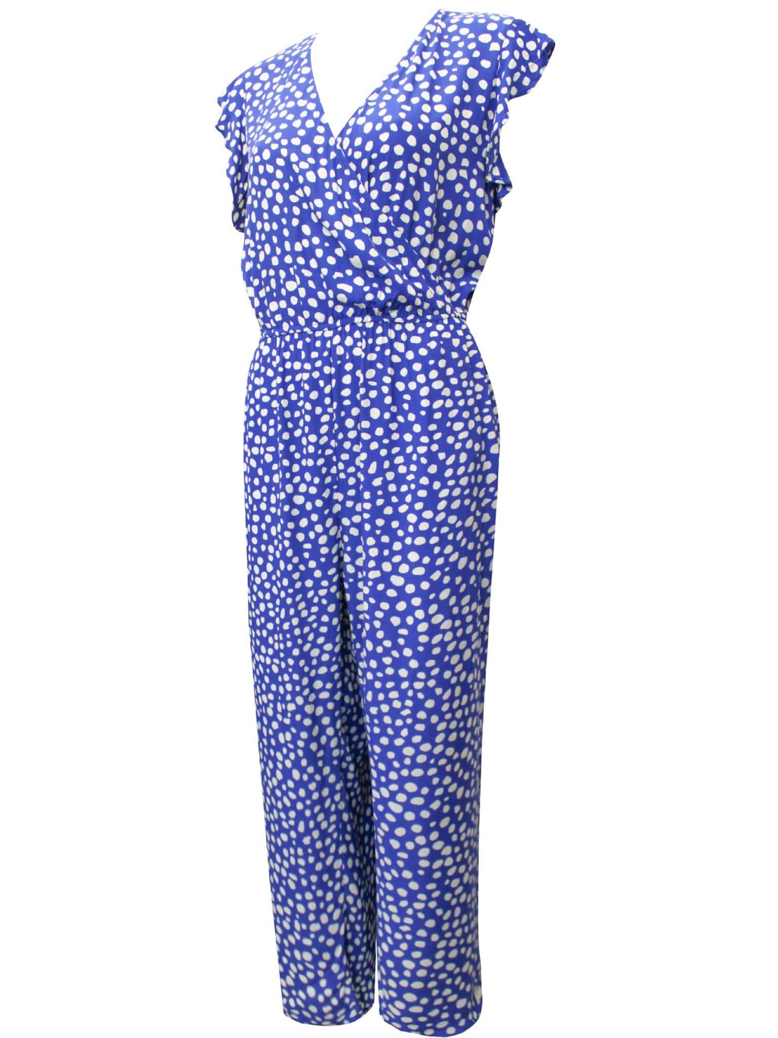 SOSANDER BLUE SPOTTY RUFFLE SHOULDER WRAP JUMPSUIT NEW SIZES 14 18
