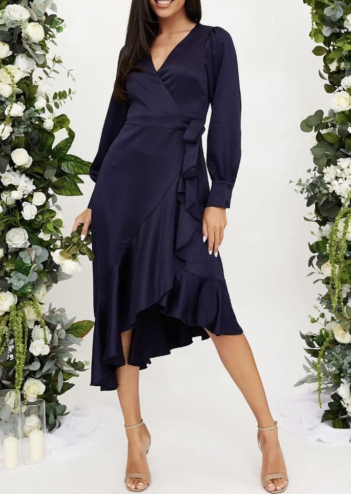 knee length dresses for ladies Marguerite V Neck Asymmetrical Ruffle Midi Wrap Mesh Dress Profile by Gottex