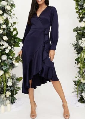 STYLE CHEAT NAVY SILKY WRAP RUFFLE MIDI DRESS SIZE 10