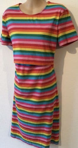 STYLISH MUM RAINBOW STRIPE MATERNITY/NURSING JERSEY MIDI DRESS SIZE 12