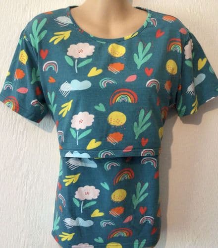 STYLISH MUM TEAL RAINBOW/FLORAL PRINT NURSING TOP NEW SIZE 12