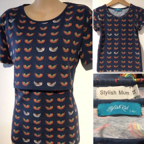STYLISH MUM TWINNING SET RAINBOW NAVY NURSING T-SHIRT TOP & CHILDS TOP SIZES 14 & 5-6 YEARS