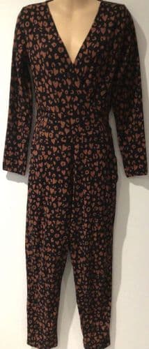SUGARHILL BLACK/RUST LEOPARD PRINT WRAP JUMPSUIT SIZE 10
