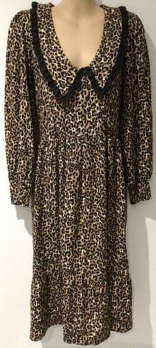 TILBEA COCO LEOPARD PRINT COLLAR MATERNITY/NURSING MIDI DRESS SIZE L 14