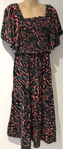 TILBEA GREEN/ORANGE LEOPARD PRINT SHIRRED MATERNITY/NURSING MIDI DRESS SIZE S 8/10