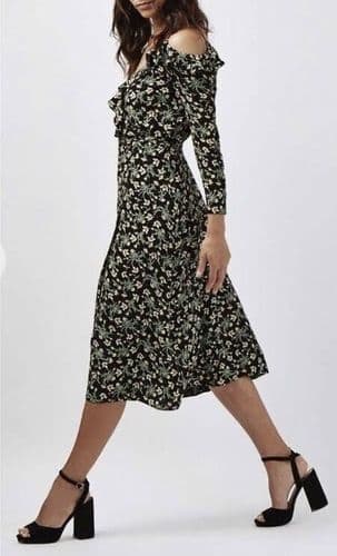 TOPSHOP BLACK RUFFLE FLORAL WRAP COLD SHOULDER DRESS SIZE 12