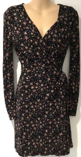 TOPSHOP BLACK STAR PRINT PLISSE WRAP LONG SLEEVED DRESS SIZE 8