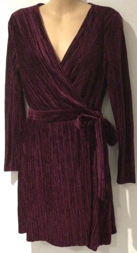 TOPSHOP BLACKCURRANT PLISSE WRAP LONG SLEEVED DRESS SIZE 10