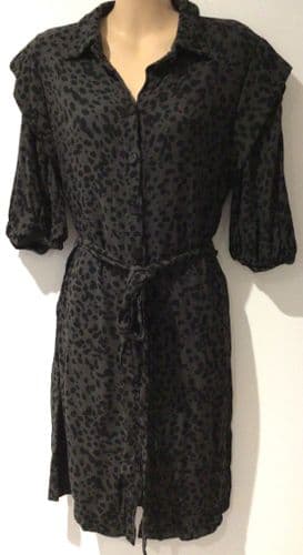 TOPSHOP CHARCOAL LEOPARD BUTTON SHIRT DRESS SIZE 12