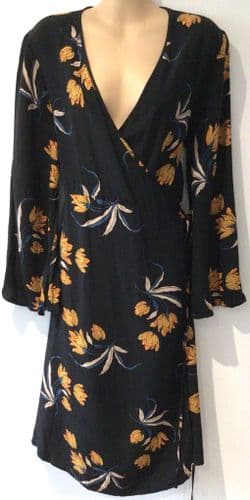 TOPSHOP MATERNITY BLACK/ORANGE FLORAL WRAP DRESS SIZE UK 12