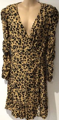 TOPSHOP TOFFEE LEOPARD HEART PRINT WRAP MIDI DRESS SIZE 12