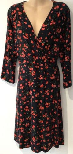 TU BLACK/RED POPPY PRINT JERSEY WRAP DRESS SIZE 16