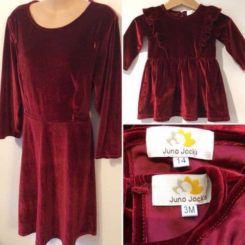 TWINNING SET JUNO JACKS BURGUNDY VELOUR ZIP SWING NURSING DRESS SIZE 14 & 3M