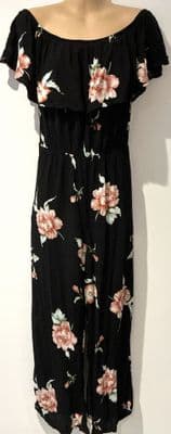 VINTAGE BLACK ROSE BARDOT JUMPSUIT SIZE L 14