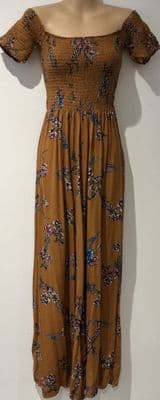 VINTAGE MUSTARD SHIRRED FLORAL WIDE LEG JUMPSUIT SIZE 6-8