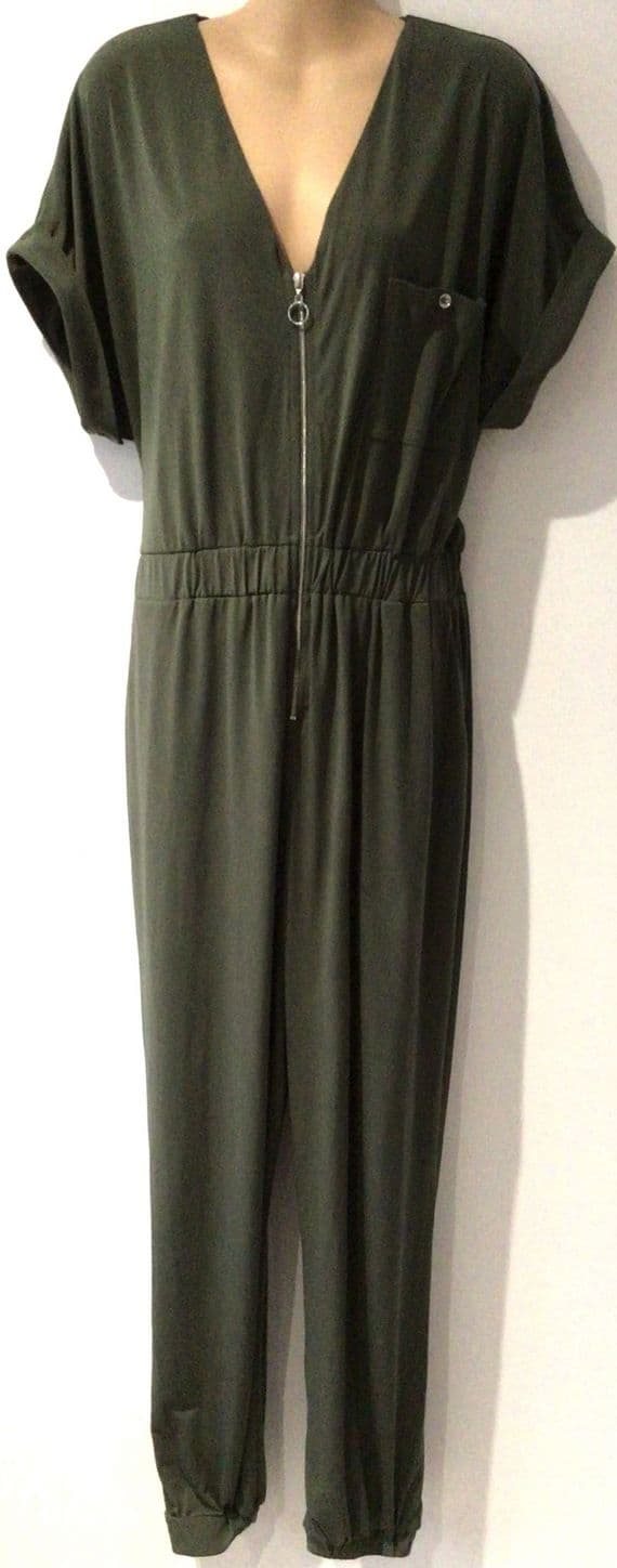 WALLIS KHAKI ZIP FRONT JUMPSUIT WITH POCKETS SIZE 14