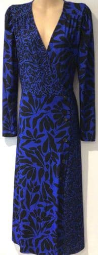 WAREHOUSE BLACK/BLUE PRINT WRAP MIDI DRESS SIZE 12