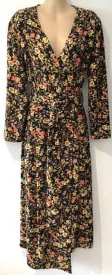 WAREHOUSE BLACK FLORAL PRINT WRAP MIDI DRESS SIZE 12