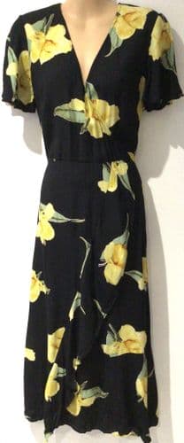 WAREHOUSE BLACK/YELLOW WRAP MIDI DRESS SIZE 10