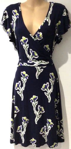 WAREHOUSE NAVY IRIS FLUTE SLEEVE WRAP DRESS BNWT SIZE 12