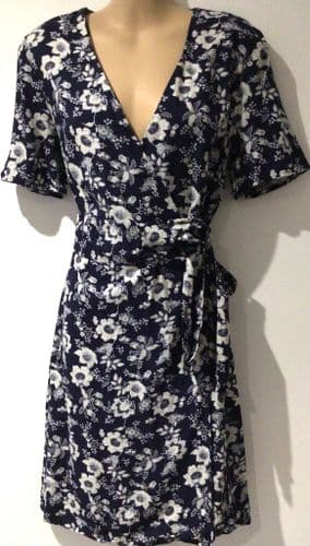 WAREHOUSE NAVY/WHITE FLORAL WRAP MIDI DRESS SIZE 10