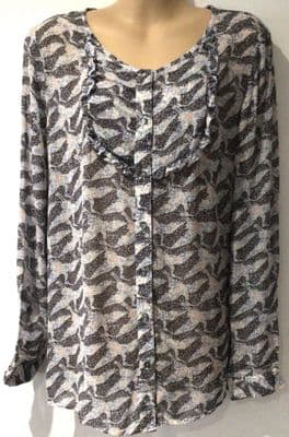 WHITE STUFF BLUE/CORAL BIRD PRINT SHIRT SIZE 14