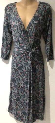 WHITE STUFF GREY BIRD PRINT JERSEY WRAP DRESS SIZE 10