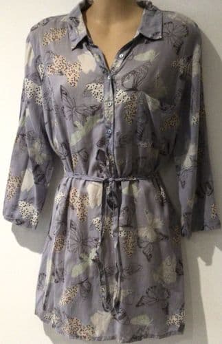 WHITE STUFF LILAC BUTTERFLY COTTON SHIRT TUNIC DRESS SIZE 12