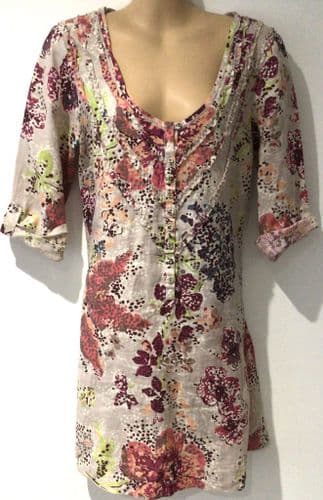 WHITE STUFF LINEN BEIGE FLORAL PRINT BUTTON FRONT TUNIC SIZE 8