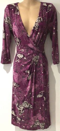 WHITE STUFF MAGENTA BUTTERFLY JERSEY WRAP MIDI DRESS SIZE 12