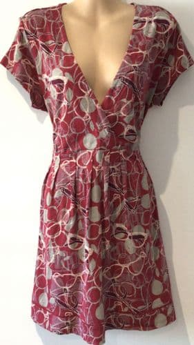 WHITE STUFF MAROON GLASSES PRINT WRAP DRESS SIZE 16