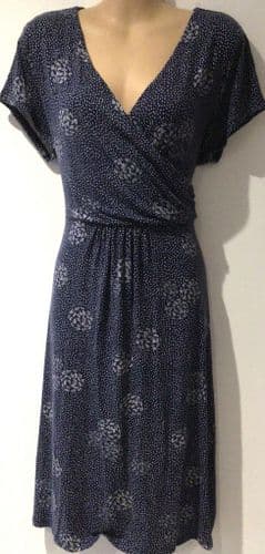 WHITE STUFF NAVY LEAF PRINT JERSEY WRAP DRESS SIZE 14