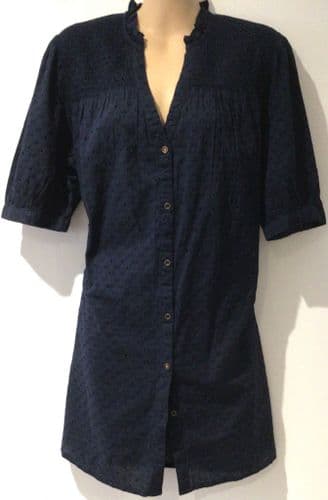 WHITE STUFF NAVY SHIRRED SHOULDER COTTON TOP SIZE 14