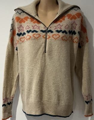 WHITE STUFF OATMEAL HEART KNIT HALF ZIP JUMPER SIZE 14