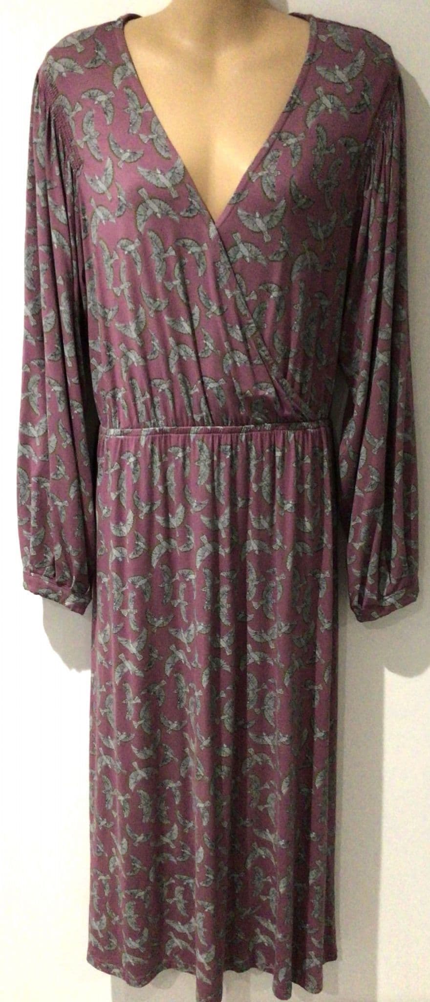 WHITE STUFF PINK BIRD PRINT JERSEY WRAP MIDI DRESS SIZE 14