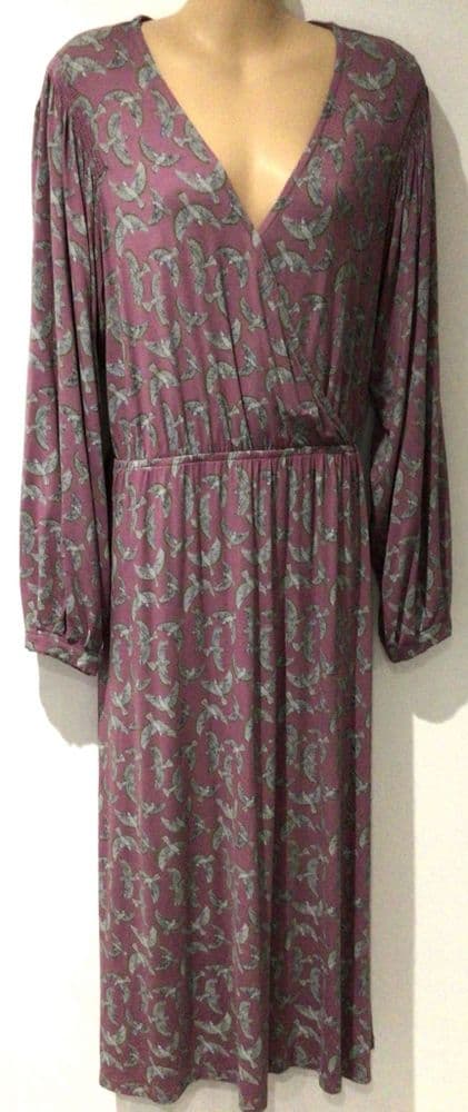 WHITE STUFF PINK BIRD PRINT JERSEY WRAP MIDI DRESS SIZE 14