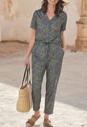 WOOLOVERS NAVY/GREEN PALM PRINT JERSEY JUMPSUIT SIZE M 12/14