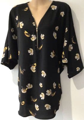 YUMI BLACK BIRD PRINT ZIP TUNIC TOP SIZE 14