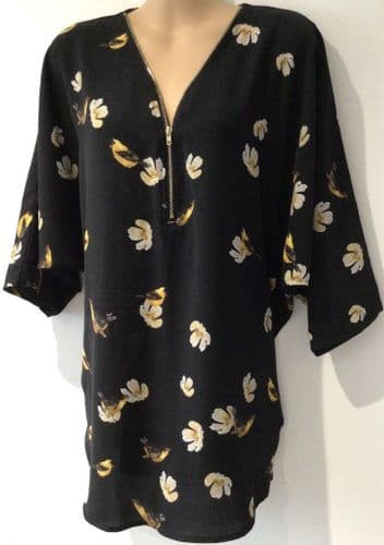 YUMI BLACK BIRD PRINT ZIP TUNIC TOP SIZE 14