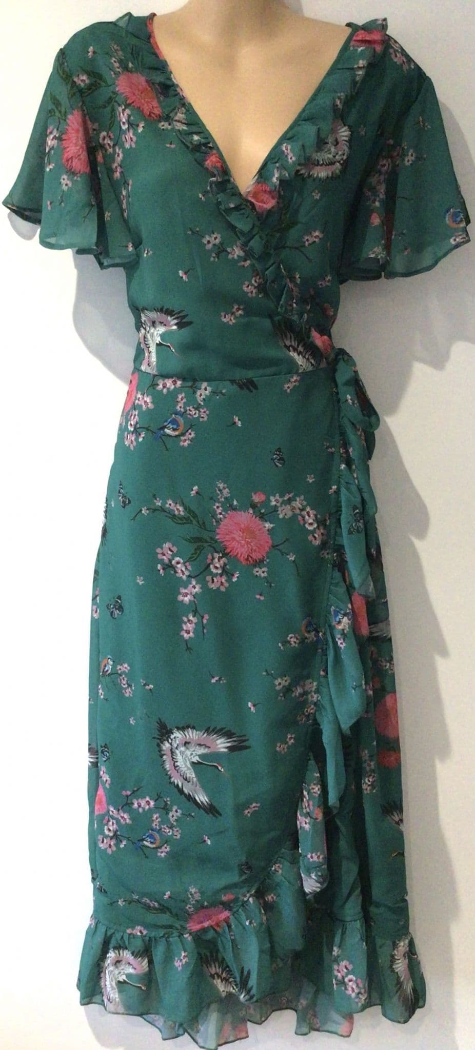 YUMI GREEN BIRD PRINT WRAP OCCASION DRESS SIZE 16